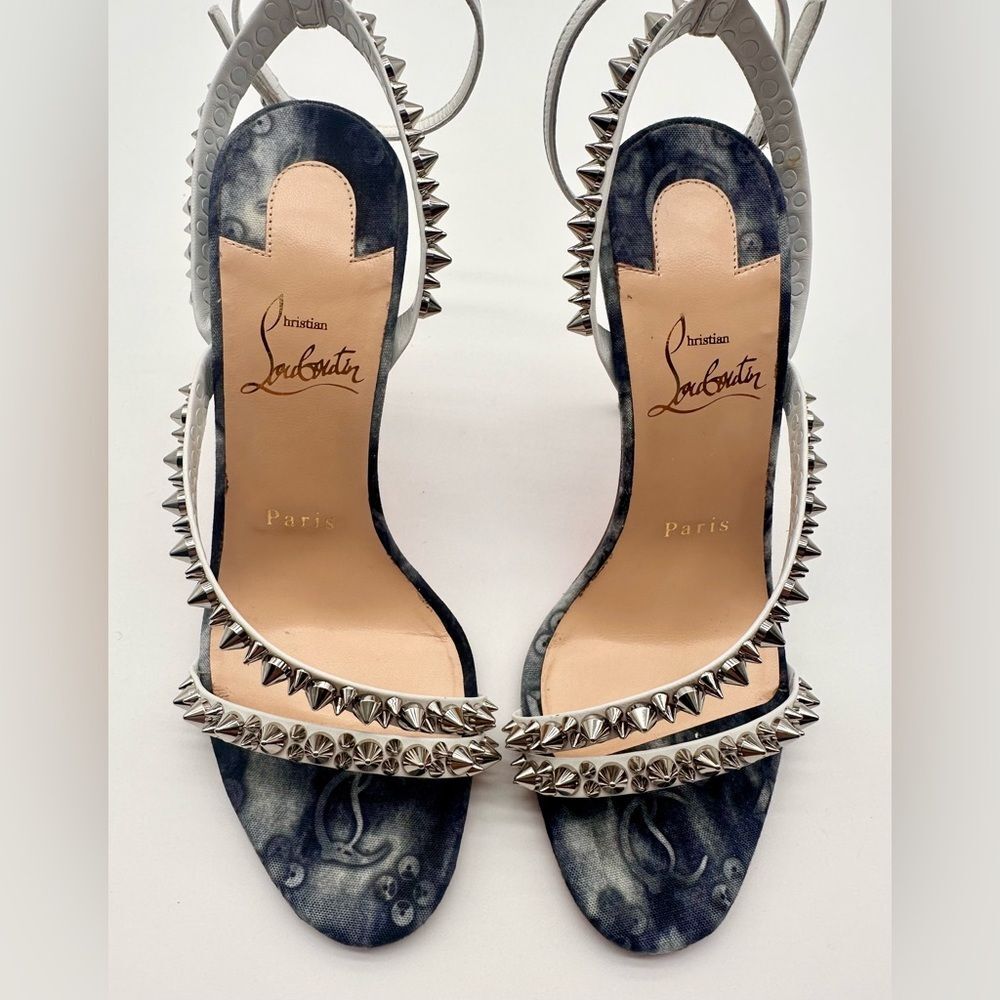 Christian Louboutin Mafaldina Spikes Denim & Leather 100 Heels Sandals EU 37 US7 - Picture 9 of 12